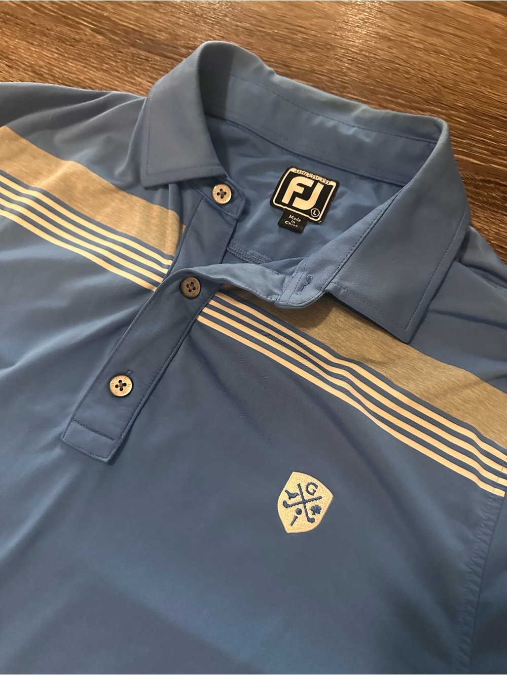 FootJoy Greystone Country Club Golf Polo Men L Blue/Tan Striped Athletic Fit S/S